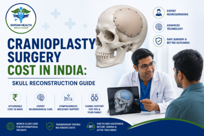 Cranioplasty surgery cost in India featured image showing a neurosurgeon explaining skull reconstruction with a 3D skull model and cranial implant illustration.