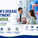 Featured image showing Crohn's disease treatment in India with a gastroenterologist consultation, intestinal inflammation illustration, IBD care, and advanced treatment options for international patients.