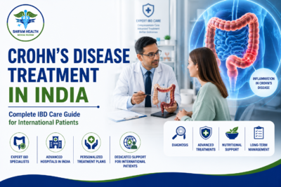 Featured image showing Crohn's disease treatment in India with a gastroenterologist consultation, intestinal inflammation illustration, IBD care, and advanced treatment options for international patients.