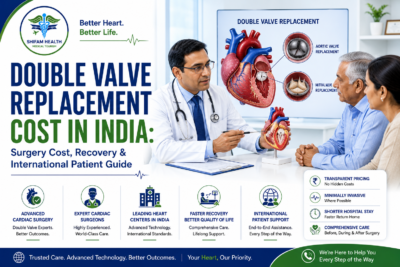 Featured image showing double valve replacement surgery in India, with a cardiac surgeon consulting an international patient, heart valve illustrations, and advanced cardiac care.