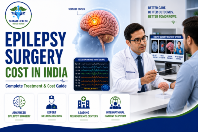 Featured image showing epilepsy surgery treatment in India with a neurosurgeon consultation, brain illustration, EEG monitoring, and advanced neurological care.