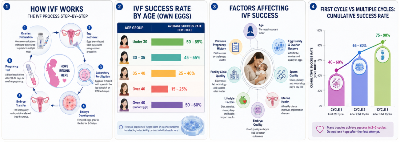 Comprehensive IVF infographic showing the IVF process, success rates by age, factors affecting IVF success, cumulative success rates across multiple cycles, IVF cost comparison by country, treatment timeline in India, and international patient fertility journey.