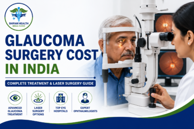 Featured image showing glaucoma surgery cost in India with an ophthalmologist performing an eye examination, advanced glaucoma treatment options, laser surgery, and expert eye care.