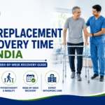 Featured image showing hip replacement recovery in India with a patient walking with a physiotherapist, hip implant illustration, rehabilitation support, and week-by-week recovery guidance.