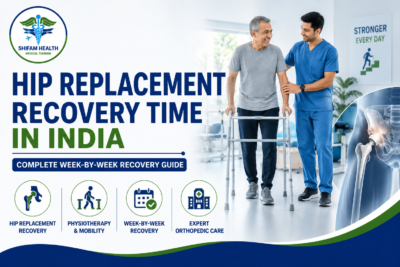 Featured image showing hip replacement recovery in India with a patient walking with a physiotherapist, hip implant illustration, rehabilitation support, and week-by-week recovery guidance.