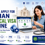 Featured image showing the online Indian medical visa application process with a patient using a laptop, medical visa approval, passport, application checklist, and healthcare travel support for international patients.