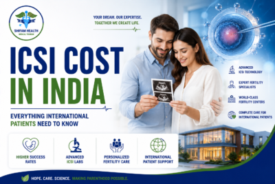 Featured image showing ICSI treatment in India with a fertility specialist consultation, advanced embryo fertilization technology, hopeful couple, and world-class fertility care for international patients.