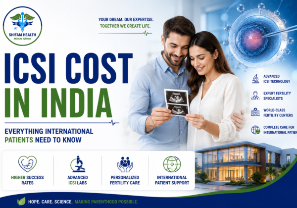 Featured image showing ICSI treatment in India with a fertility specialist consultation, advanced embryo fertilization technology, hopeful couple, and world-class fertility care for international patients.