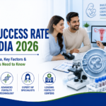 Featured image showing IVF success rates in India in 2026 with a fertility specialist consulting a couple, embryo development in a laboratory, advanced IVF technology, and fertility treatment guidance.