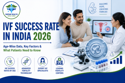 Featured image showing IVF success rates in India in 2026 with a fertility specialist consulting a couple, embryo development in a laboratory, advanced IVF technology, and fertility treatment guidance.