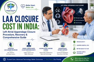 Featured image showing Left Atrial Appendage (LAA) Closure treatment in India with a cardiologist consultation, heart anatomy illustration, LAA closure device, and advanced cardiac care for international patients.