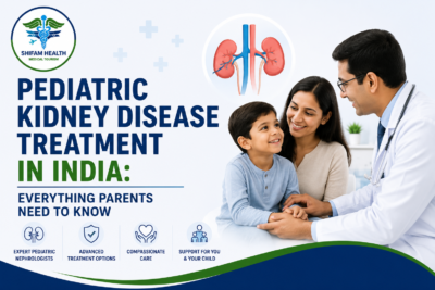 Pediatric kidney disease treatment in India featured image showing a pediatric nephrologist consulting a child and parents with a kidney anatomy illustration.