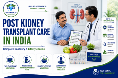 Featured image showing post kidney transplant care in India with a nephrologist consultation, kidney health monitoring, medication management, healthy nutrition, and recovery support for transplant patients.