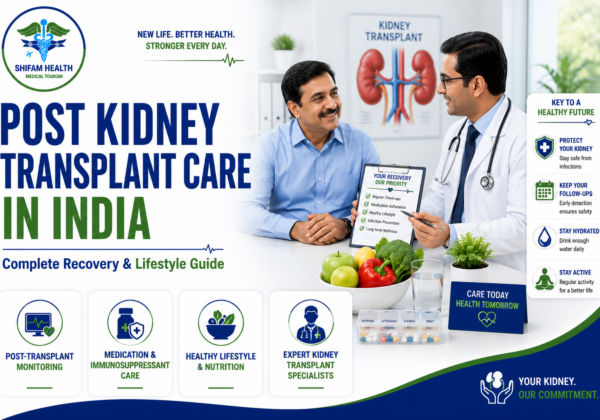 Featured image showing post kidney transplant care in India with a nephrologist consultation, kidney health monitoring, medication management, healthy nutrition, and recovery support for transplant patients.