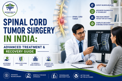 Spinal cord tumor surgery in India featured image showing a neurosurgeon reviewing spinal MRI scans with a patient, alongside a spinal cord tumor illustration.