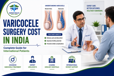Featured image showing varicocele surgery treatment in India with a urologist consultation, varicocele vein anatomy illustration, microsurgical treatment options, and advanced urology care for international patients.