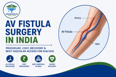 AV fistula surgery in India featured image showing an arteriovenous fistula in the forearm, vascular access for dialysis, and advanced vascular surgery.