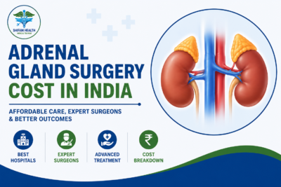 Adrenal gland surgery cost in India featured image showing the adrenal glands above the kidneys with advanced endocrine surgery and treatment overview.