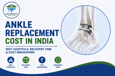 Ankle replacement cost in India featured image showing an ankle joint implant, advanced orthopedic surgery, and expert ankle replacement treatment.
