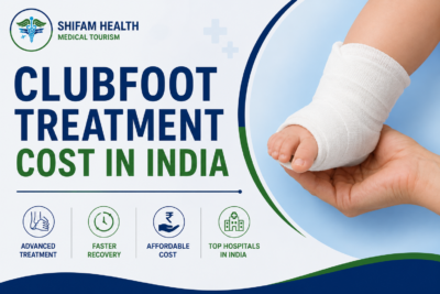 Clubfoot treatment cost in India featured image showing a baby with a corrected clubfoot cast, advanced pediatric orthopedic treatment, and affordable care.