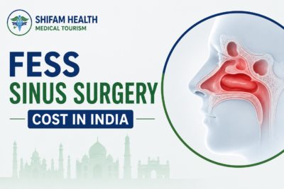 FESS sinus surgery cost in India featured image showing sinus anatomy, functional endoscopic sinus surgery (FESS), expert ENT care, and affordable treatment.