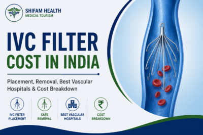 IVC filter cost in India featured image showing an inferior vena cava (IVC) filter placement inside a vein with advanced vascular treatment and cost information.