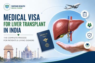 Medical visa for liver transplant in India featured image showing a liver, medical visa passport, travel to India, and guidance for patients and living donors.