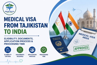 Medical visa from Tajikistan to India featured image showing the Tajikistan and India flags, passport, medical visa application, and healthcare travel process.