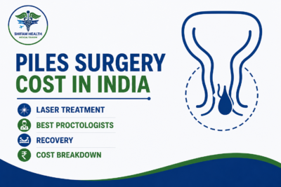 Piles surgery cost in India featured image showing laser treatment for hemorrhoids with a simple medical illustration and advanced proctology care.