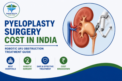 Pyeloplasty surgery cost in India featured image showing robotic surgery for ureteropelvic junction (UPJ) obstruction with kidney anatomy and advanced urology treatment.