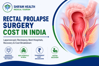 Rectal prolapse surgery cost in India featured image showing laparoscopic rectopexy, rectal anatomy, expert colorectal surgeons, and advanced treatment.