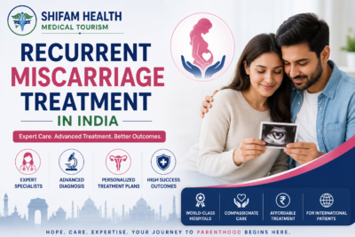 Recurrent miscarriage treatment in India featured image showing a supportive couple, pregnancy care symbol, fertility specialists, and advanced reproductive healthcare.