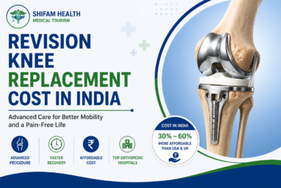 Revision knee replacement cost in India featured image showing a revised knee implant with advanced orthopedic surgery, expert care, and treatment cost information.