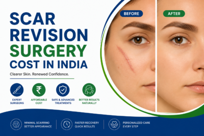 Scar revision surgery cost in India featured image showing a before-and-after facial scar improvement with advanced cosmetic and reconstructive surgery.