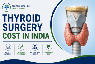Thyroid surgery cost in India featured image showing the thyroid gland, expert endocrine surgeons, advanced surgical treatment, and affordable healthcare.