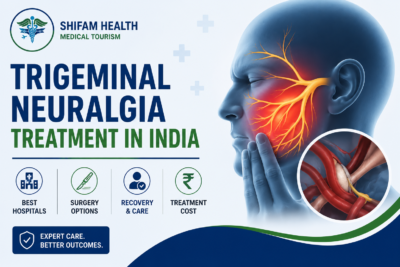 Trigeminal neuralgia treatment in India featured image showing the trigeminal nerve, facial nerve pain, and advanced neurosurgical treatment.