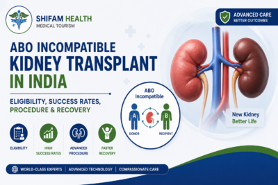 ABO incompatible kidney transplant in India featured image showing donor-recipient blood group compatibility, kidney transplant procedure, and advanced transplant care.