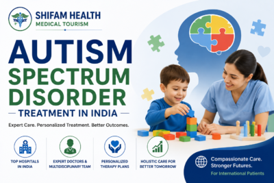 Autism Spectrum Disorder treatment in India featured image showing a child in therapy, autism awareness puzzle pieces, expert multidisciplinary care, and personalized treatment.