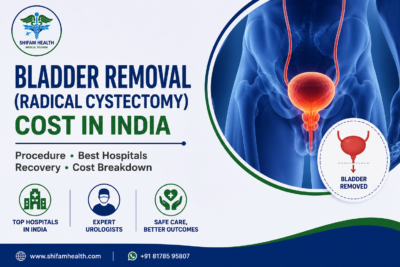 Bladder removal (radical cystectomy) cost in India featured image showing bladder anatomy, radical cystectomy procedure, and advanced urological surgery.