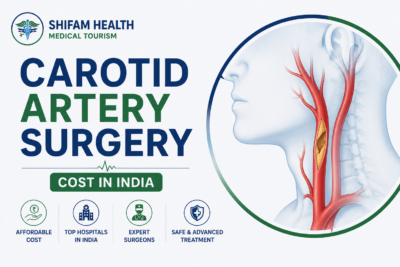 Carotid artery surgery cost in India featured image showing carotid artery anatomy, plaque removal surgery, expert vascular surgeons, and advanced treatment.