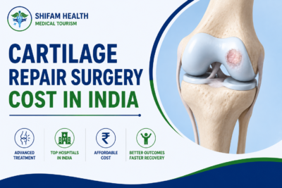 Cartilage repair surgery cost in India featured image showing a damaged knee cartilage, advanced orthopedic treatment, and affordable surgery.