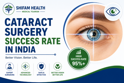 Cataract surgery success rate in India featured image showing a healthy eye, advanced cataract treatment, experienced ophthalmologists, and excellent vision outcomes.