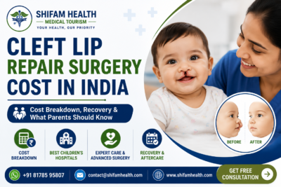 Cleft lip repair surgery cost in India featured image showing an infant with cleft lip, pediatric surgical care, and before-and-after cleft lip repair illustration.