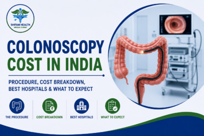 Colonoscopy cost in India featured image showing a colonoscopy procedure with an endoscope, colon anatomy, and advanced gastrointestinal care.