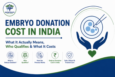 Embryo donation cost in India featured image showing an IVF embryo icon, fertility treatment concept, expert reproductive specialists, and ethical fertility care.