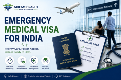 Emergency Medical Visa for India featured image showing passport, medical visa documents, airport travel, and urgent healthcare assistance for international patients.