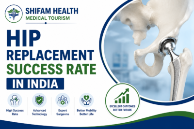 Hip replacement success rate in India featured image showing a hip implant, expert orthopedic surgeons, advanced joint replacement surgery, and improved mobility.