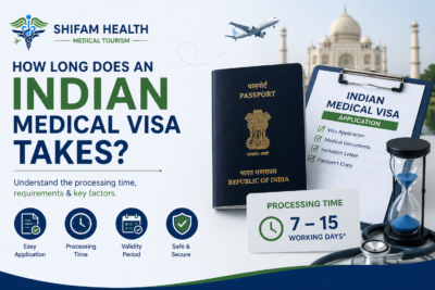 How long does an Indian Medical Visa take featured image showing passport, medical visa application, processing timeline, and travel documents for international patients.