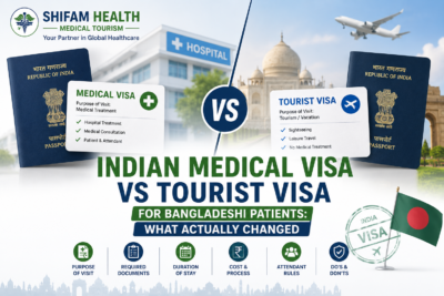 Indian Medical Visa vs Tourist Visa for Bangladeshi patients featured image comparing visa types, eligibility, required documents, travel rules, and medical treatment access.