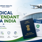 Medical Attendant Visa India featured image showing passport, visa documents, airport travel, and companion support for international patients traveling to India.